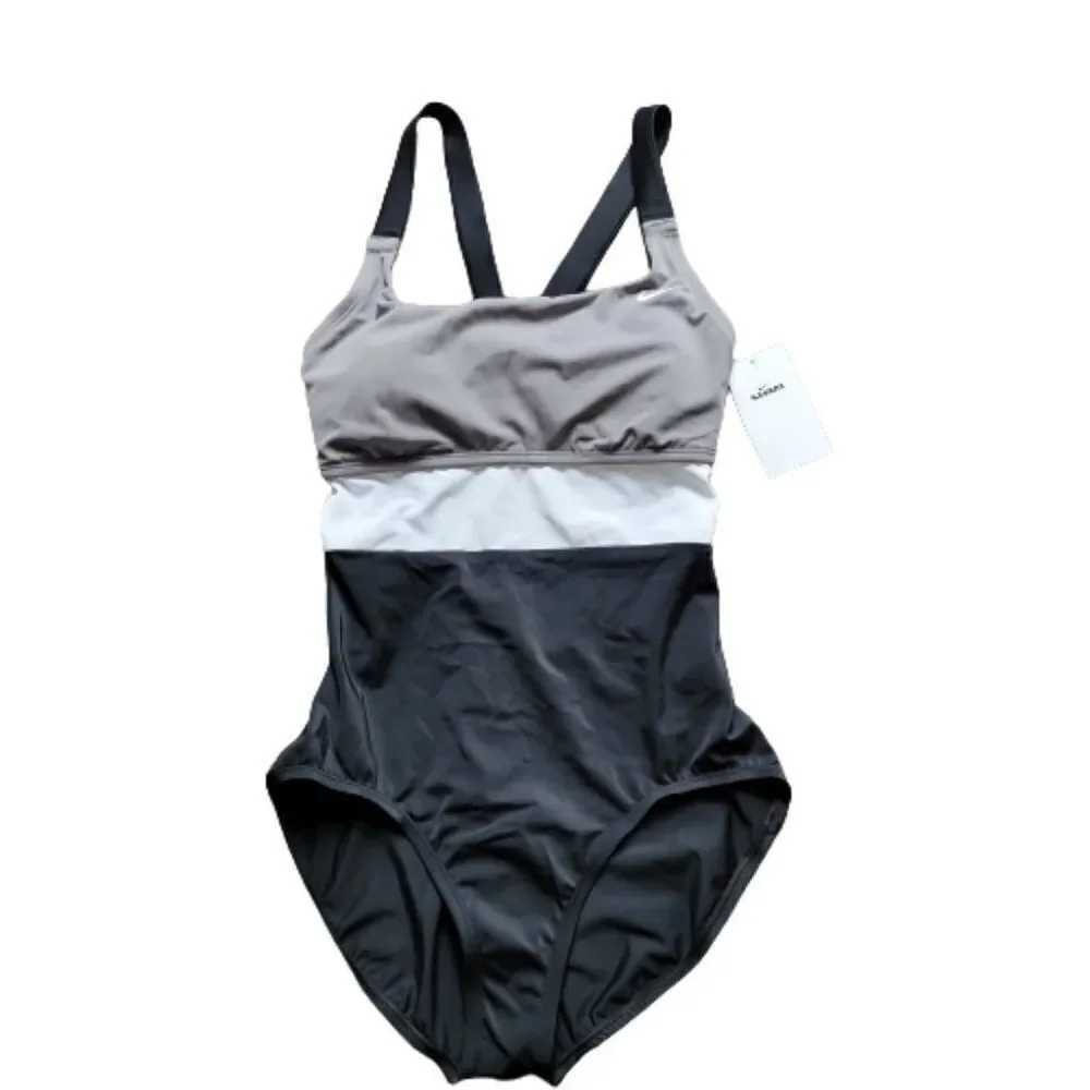Nike Women's Gray, White & Black Racerback One Piece Swimsuit Size Large